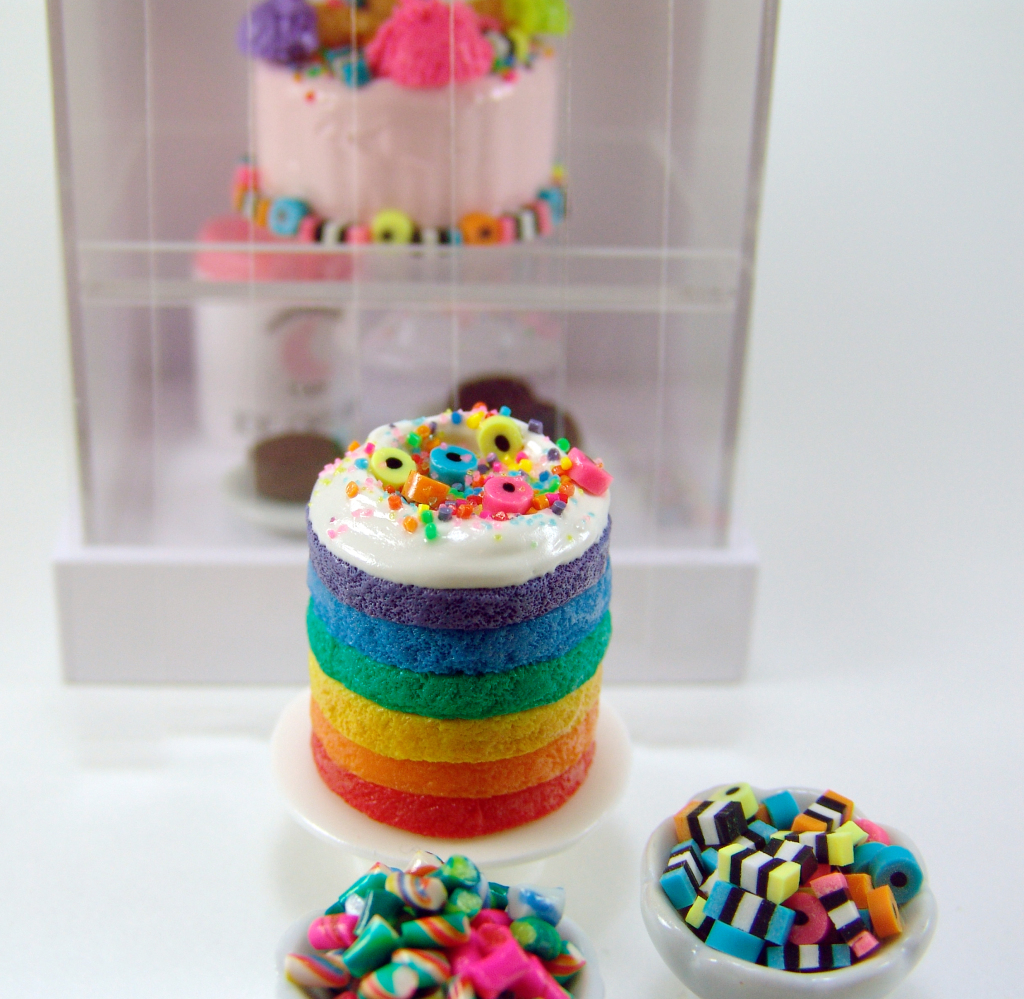 Dollhouse miniature rainbow layer cake by The Mouse Market