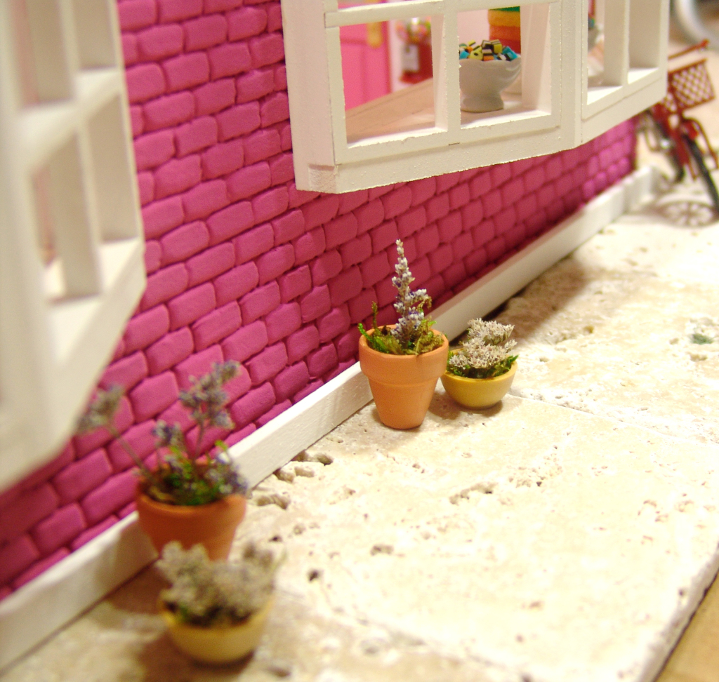 Front sidewalk of a dollhouse miniature bakery by The Mouse Market